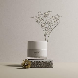 Mise en scène de la Crème Exquise Repulpante Nuit Amaé, sur une pierre, illustrant l'origine naturelle et simple de la crème.