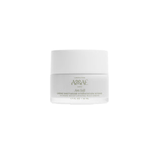 Soin visage Crème Onctueuse Hydratation Intense Laboratoire Amaé pot présenté sur fond beige minimaliste.